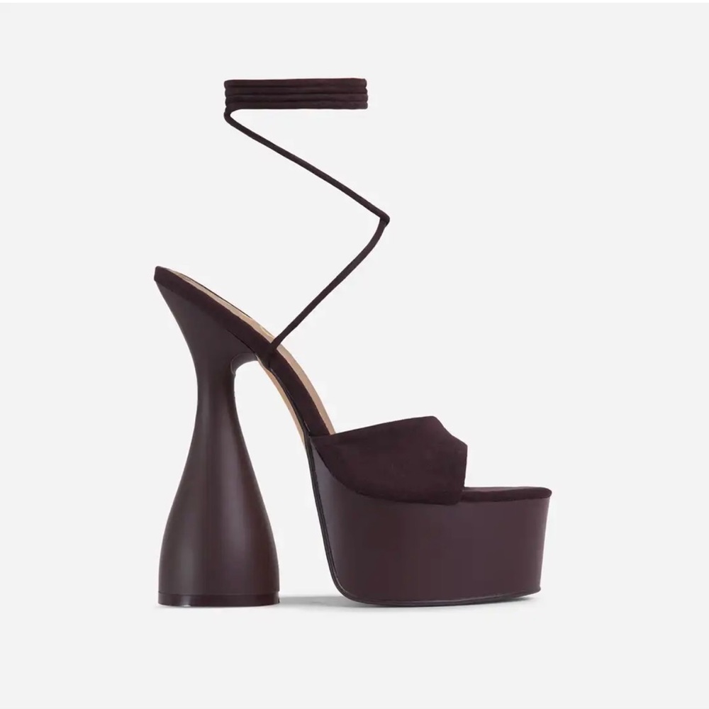 EGO PLATFORM STATEMENT HEEL DARK BROWN FAUX SUEDE